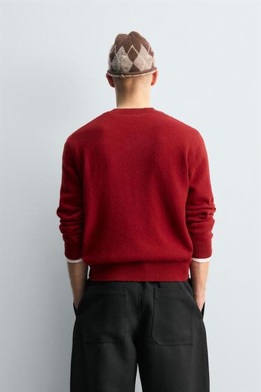 Zara 100% WOOL JACQUARD DIAMOND JUMPER - Red