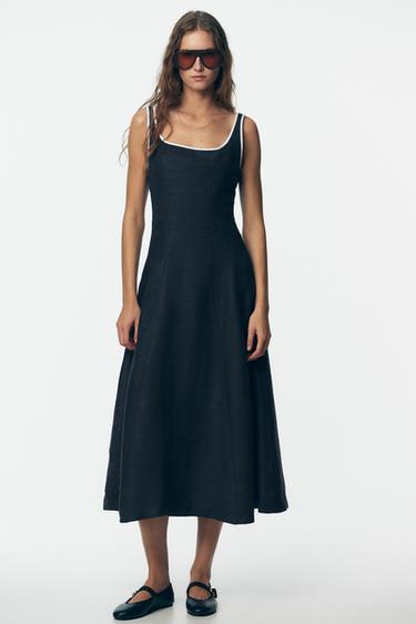 CONTRAST TRIM LINEN MIDI DRESS - Navy blue by Zara