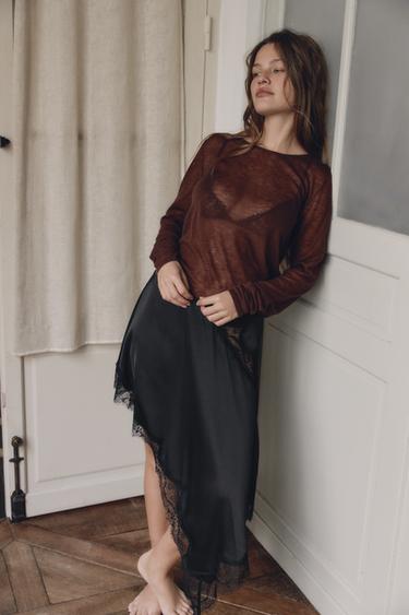 ASYMMETRIC LACE SATIN SKIRT - Black by Zara