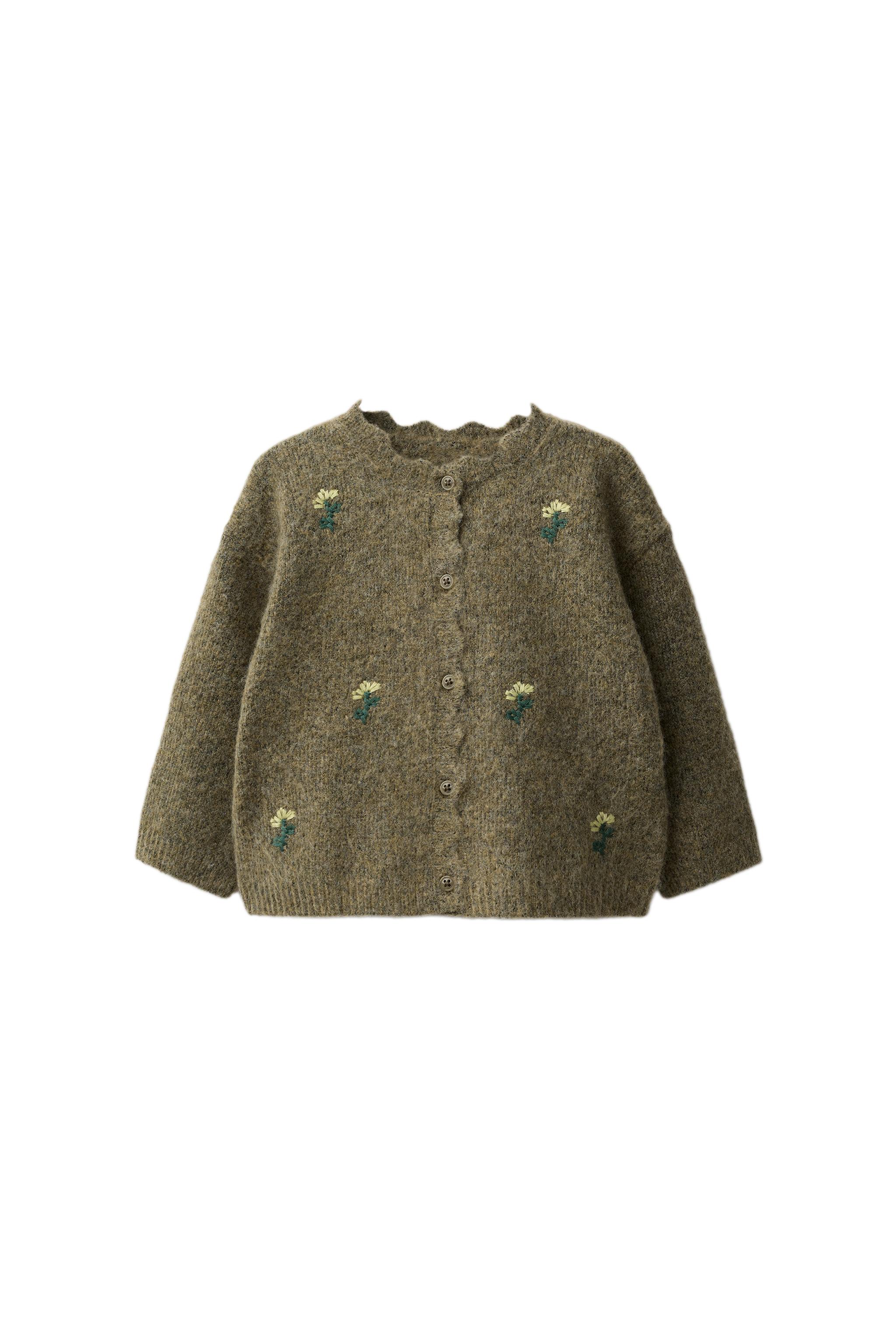 フラワー刺繍ニットカーディガン - ミディアムグリーン | ZARA Japan