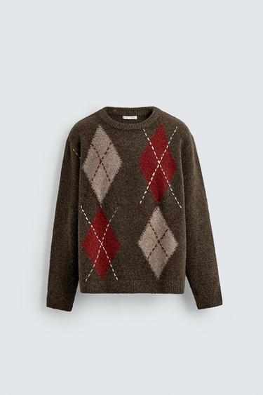 DIAMOND JACQUARD JUMPER - Brown by Zara