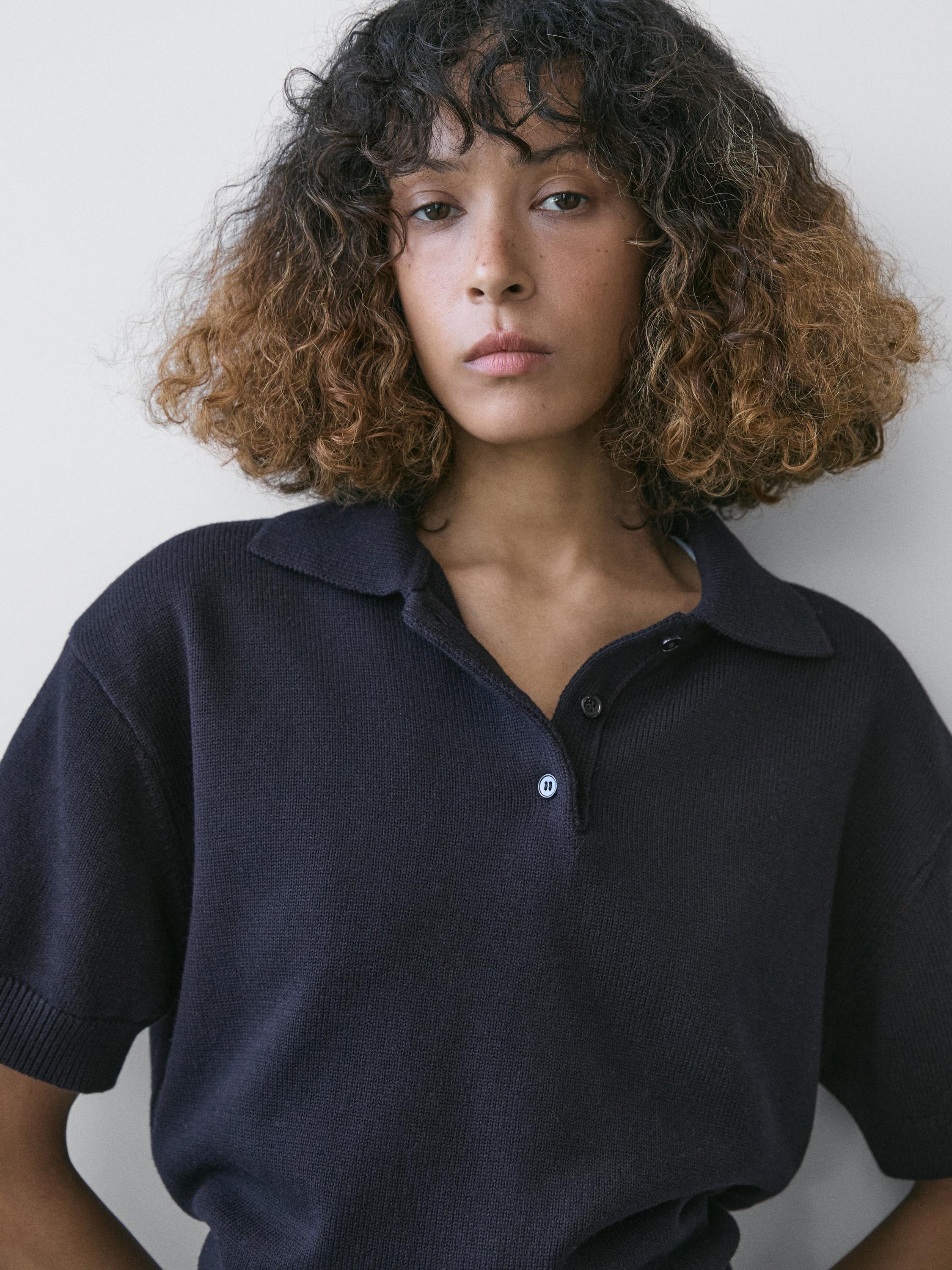 Wool blend knit polo sweater