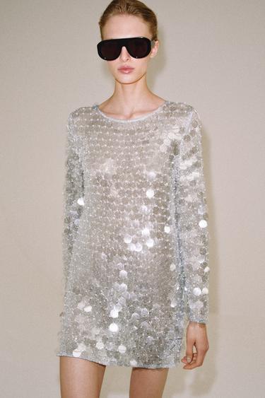 ROBE COURTE EN MAILLE PAILLETTES ET PERLES - Argent de Zara - Image 1