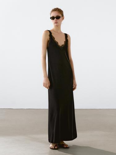 Zara Long flowing dress with lace neckline - Black - Image 0