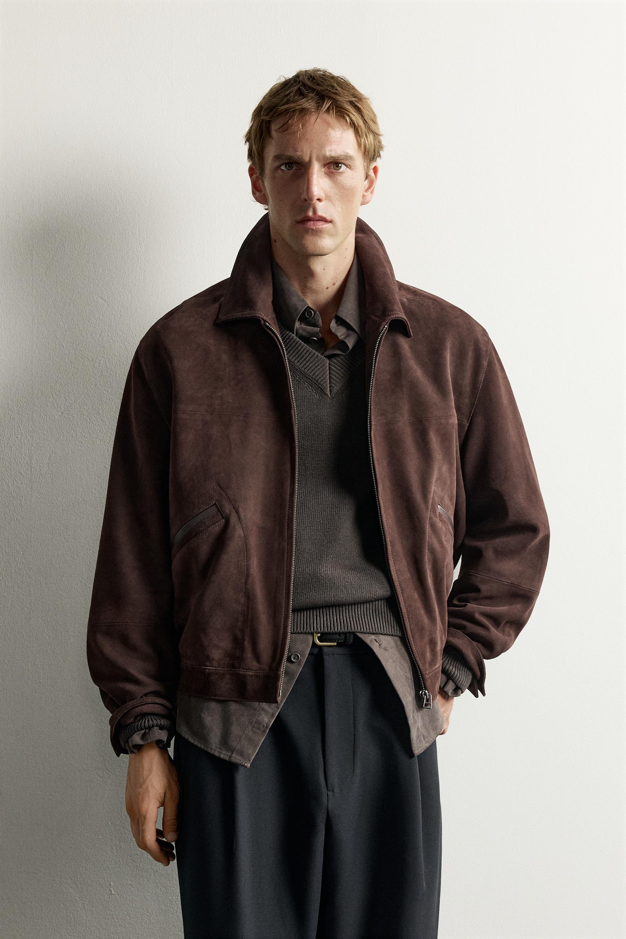 RELAXED FIT SUEDE LEATHER JACKET — Dark brown