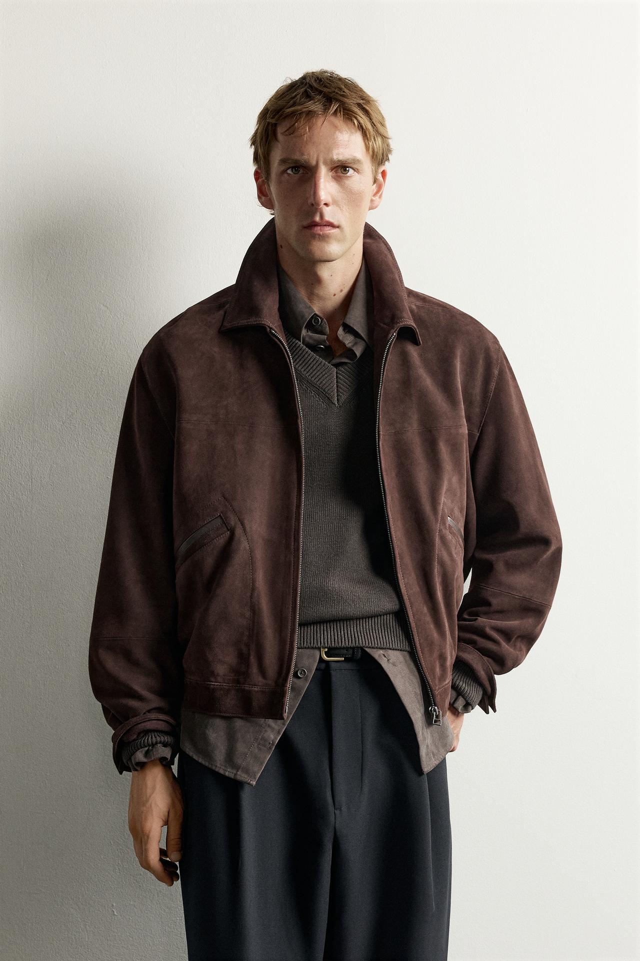 RELAXED FIT SUEDE LEATHER JACKET — Dark brown