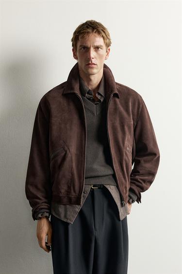 RELAXED FIT SUEDE FINISH LEATHER JACKET - Dark brown by Zara