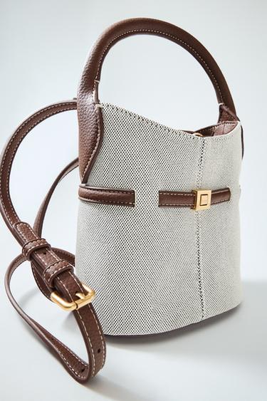 Zara MINI CANVAS BUCKET BAG WITH BUCKLE - Light beige