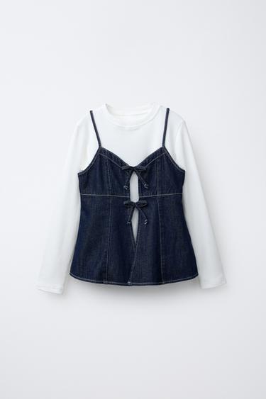 Zara 牛仔上衣 羅紋 T 恤 - 藍色