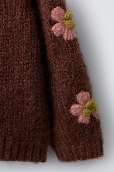 KNIT CARDIGAN WITH FLORAL EMBROIDERY - dark russet by Zara - Image 3