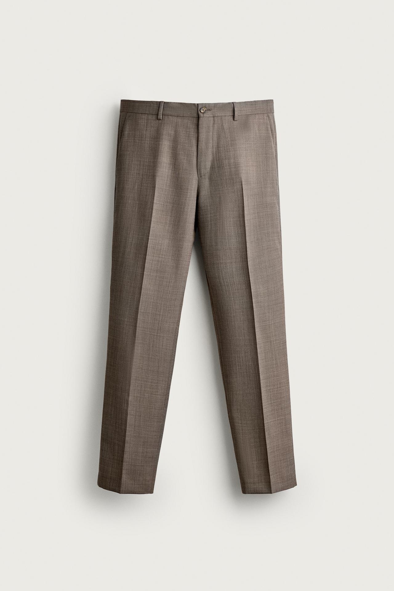TEXTURED WOOL SUIT PANTS — taupe brown