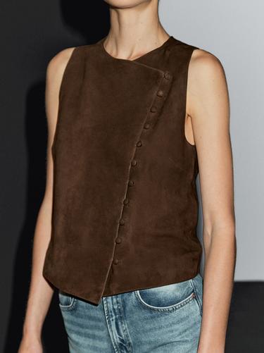 Zara Short suede leather waistcoat with buttons - Brown