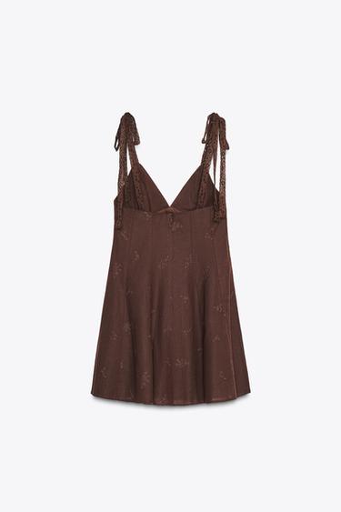 KURZES KLEID MIT STICKEREI - Braun von Zara