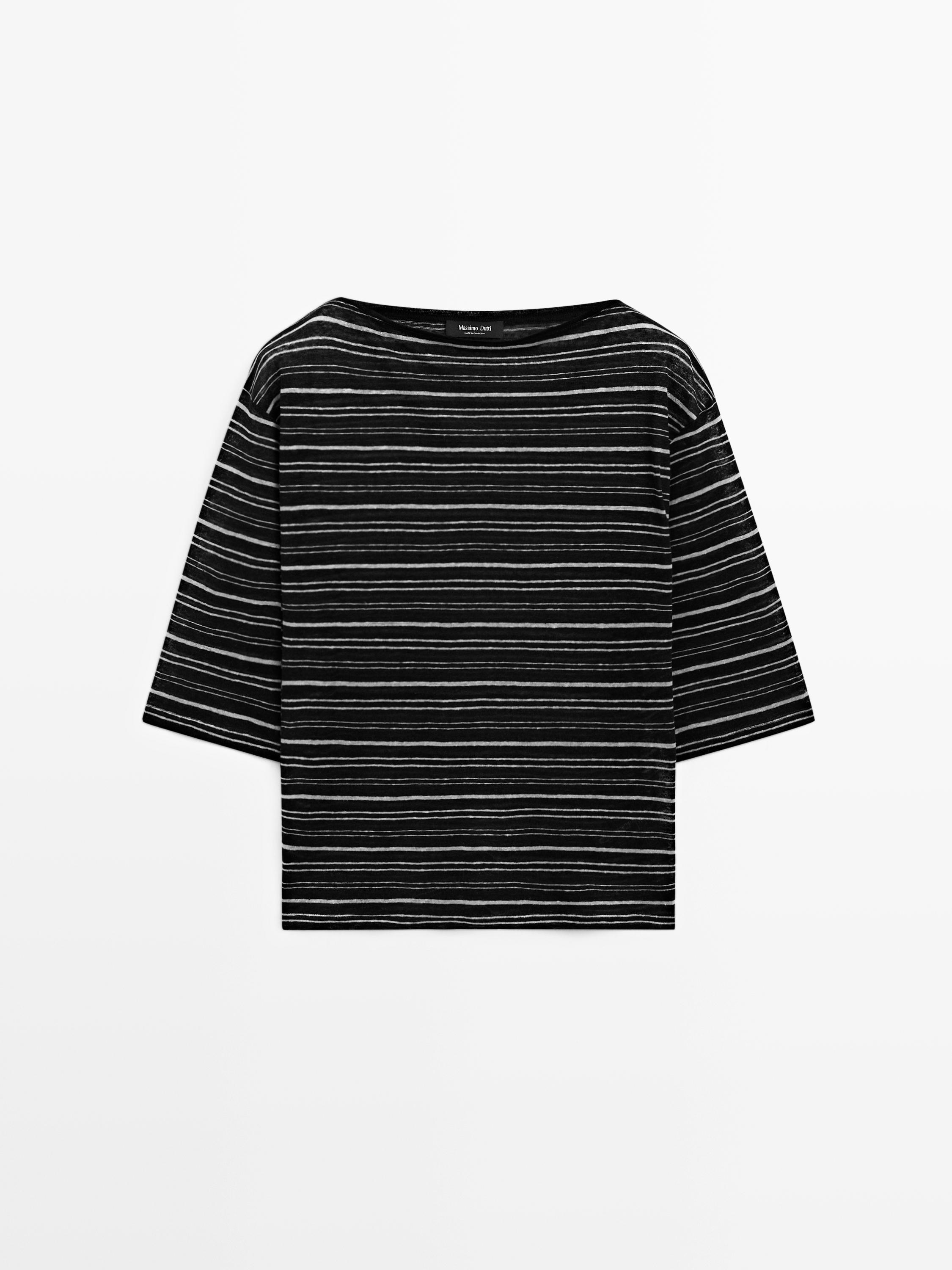 Striped linen 3/4 sleeve knit T-shirt