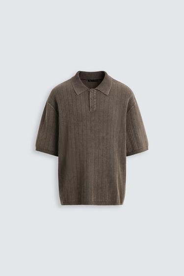 WASHED TEXTURED KNIT POLO SHIRT - Chocolate by Zara
