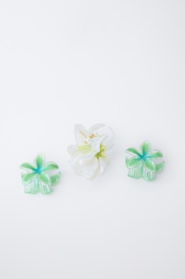 LOT DE TROIS PINCES FLEURS HIBISCUS - Vert de Zara - Image 2