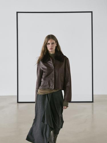 Zara Nappa leather jacket with lambskin collar - Brown