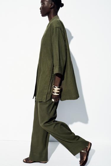 WIDE-LEG LINEN-BLEND TROUSERS - Dark khaki by Zara