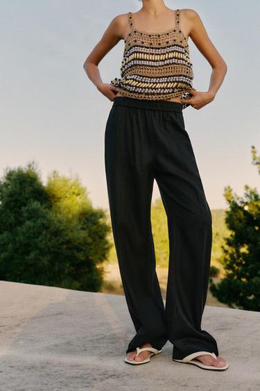 LINEN BLEND STRAIGHT TROUSERS - Black by Zara