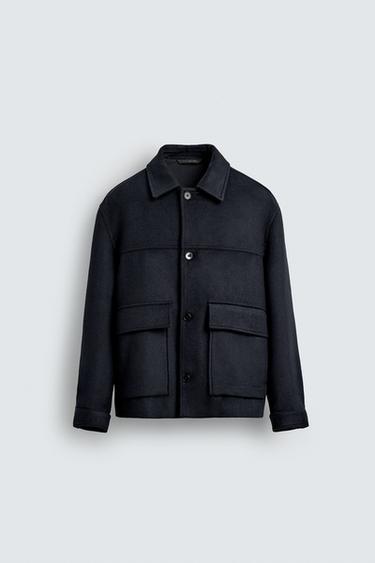 ABRIGO CORTO PAÑO CON LANA - Azul de Zara
