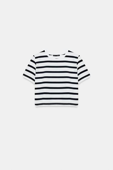 CAMISETA CROP MANGA CORTA - Blanco / Marino de Zara