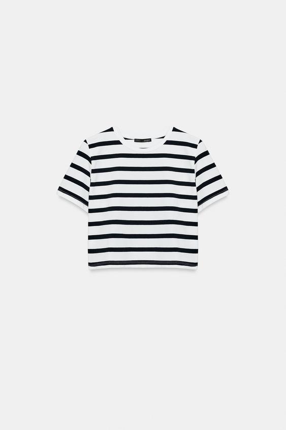 CAMISETA CROP MANGA CORTA - Blanco / Marino de Zara - Imagen 0
