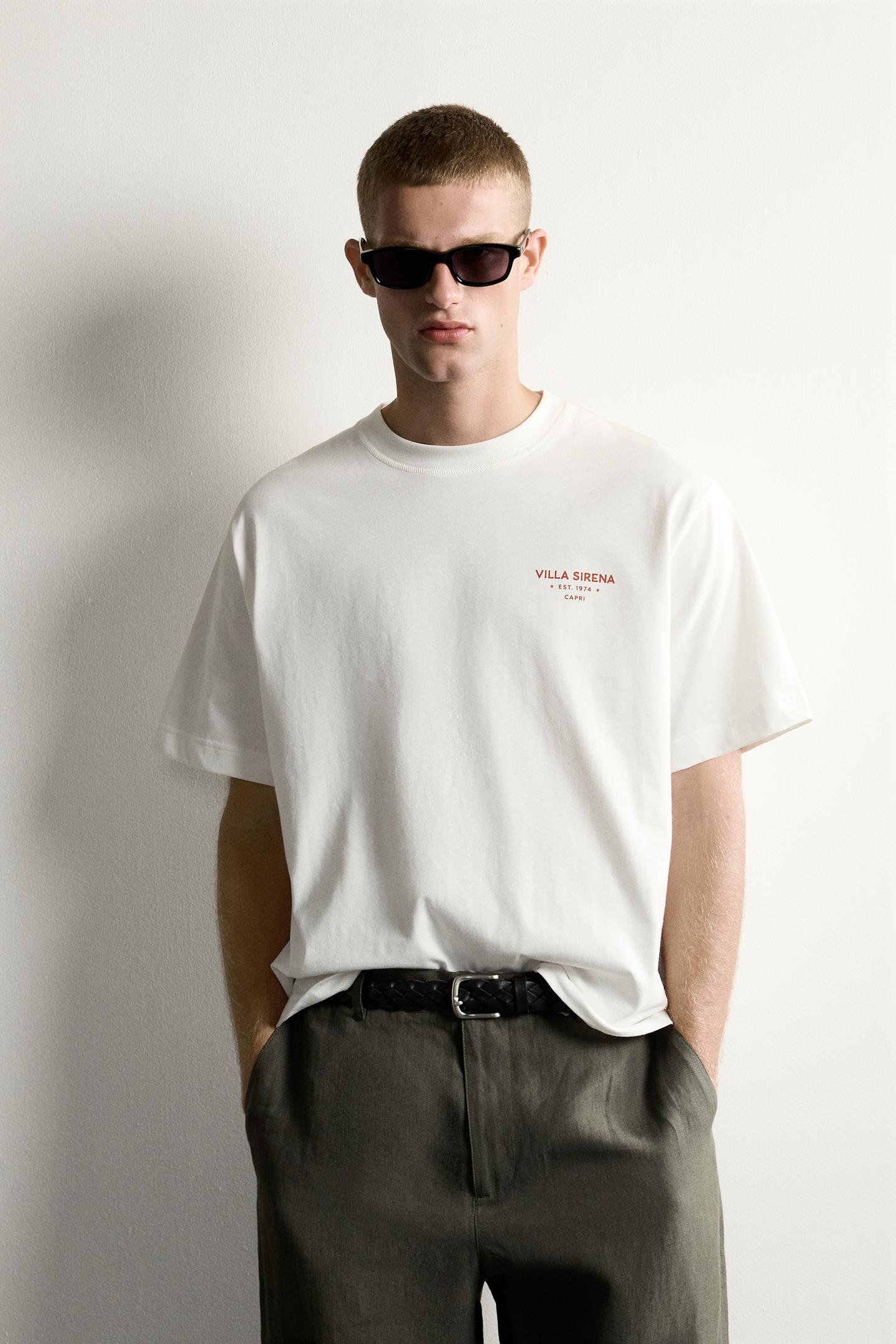Мужская футболка Zara Relaxed Fit Contrast Print, цвет: Экрю — фото 2