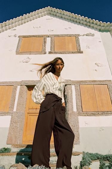 НАПІВПРОЗОРА БЛУЗА З ВИШИТИМИ СМУГАМИ - Екрю/чорний Zara - Зображення 0