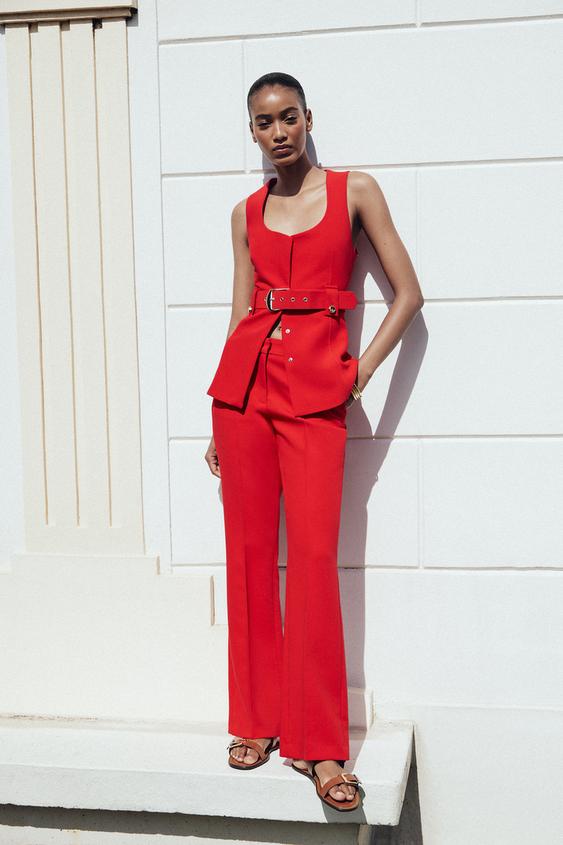 Outfit Blazer Rojo Blazer Largo Sin Manga Mujer Chaleco Largo Sin