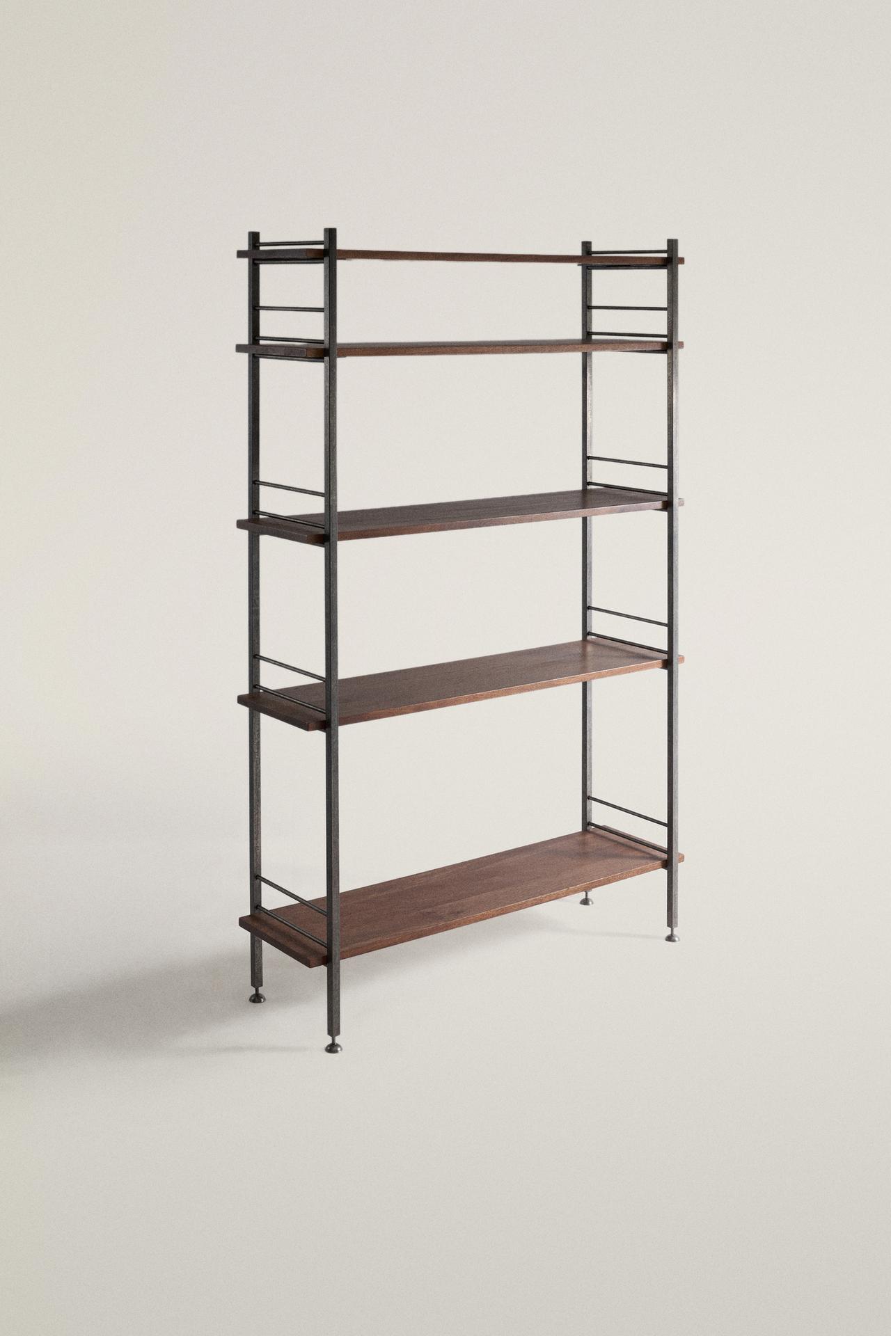 STAINLESS STEEL AND WOOD TALL SHELF UNIT — Brown