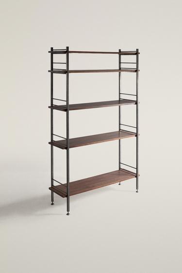STAINLESS STEEL AND WOOD TALL SHELF UNIT — Brown 2