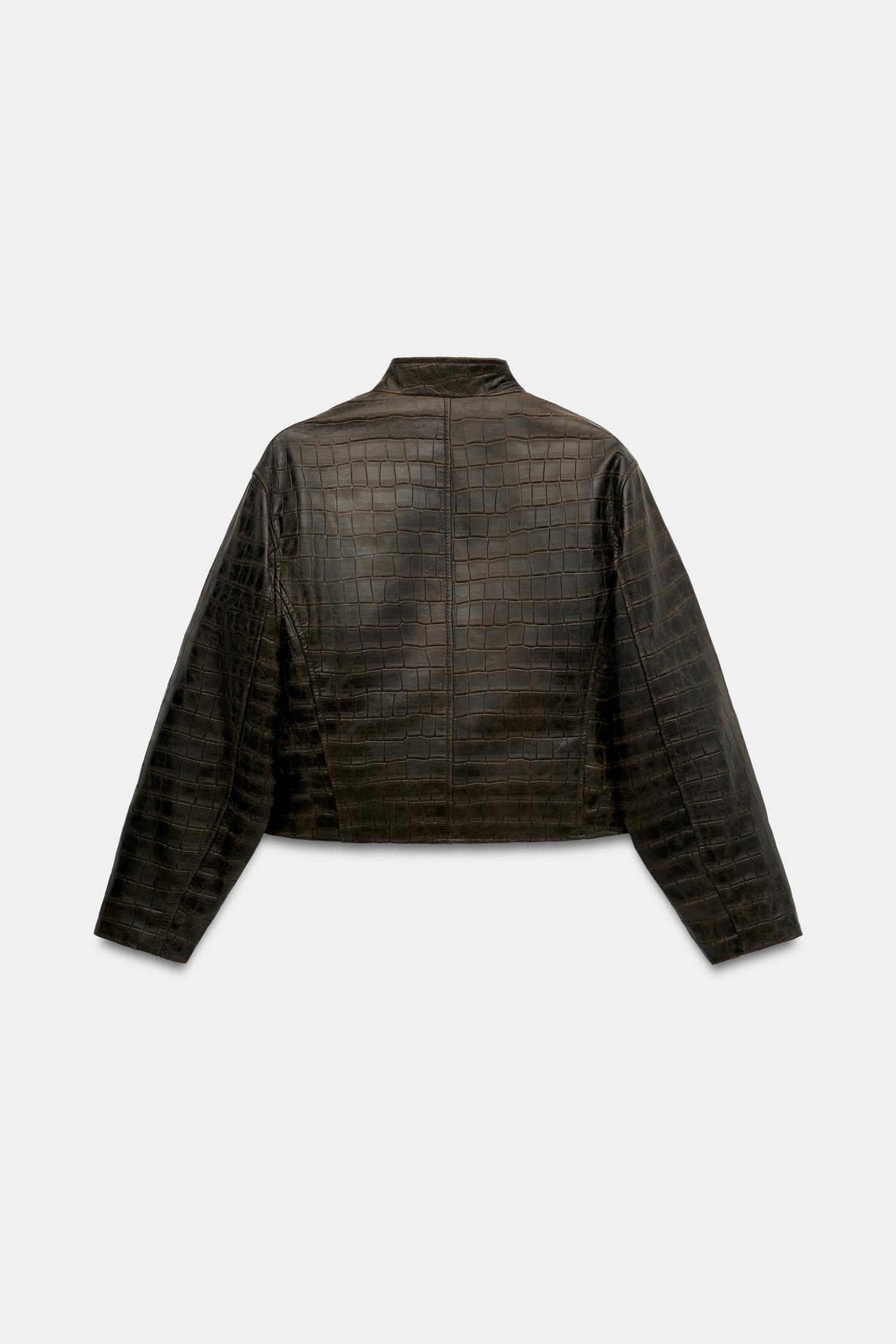 Женская куртка Zara ZW Collection 100% Leather Distressed Cropped Jacket, цвет: Коричневый — фото 9