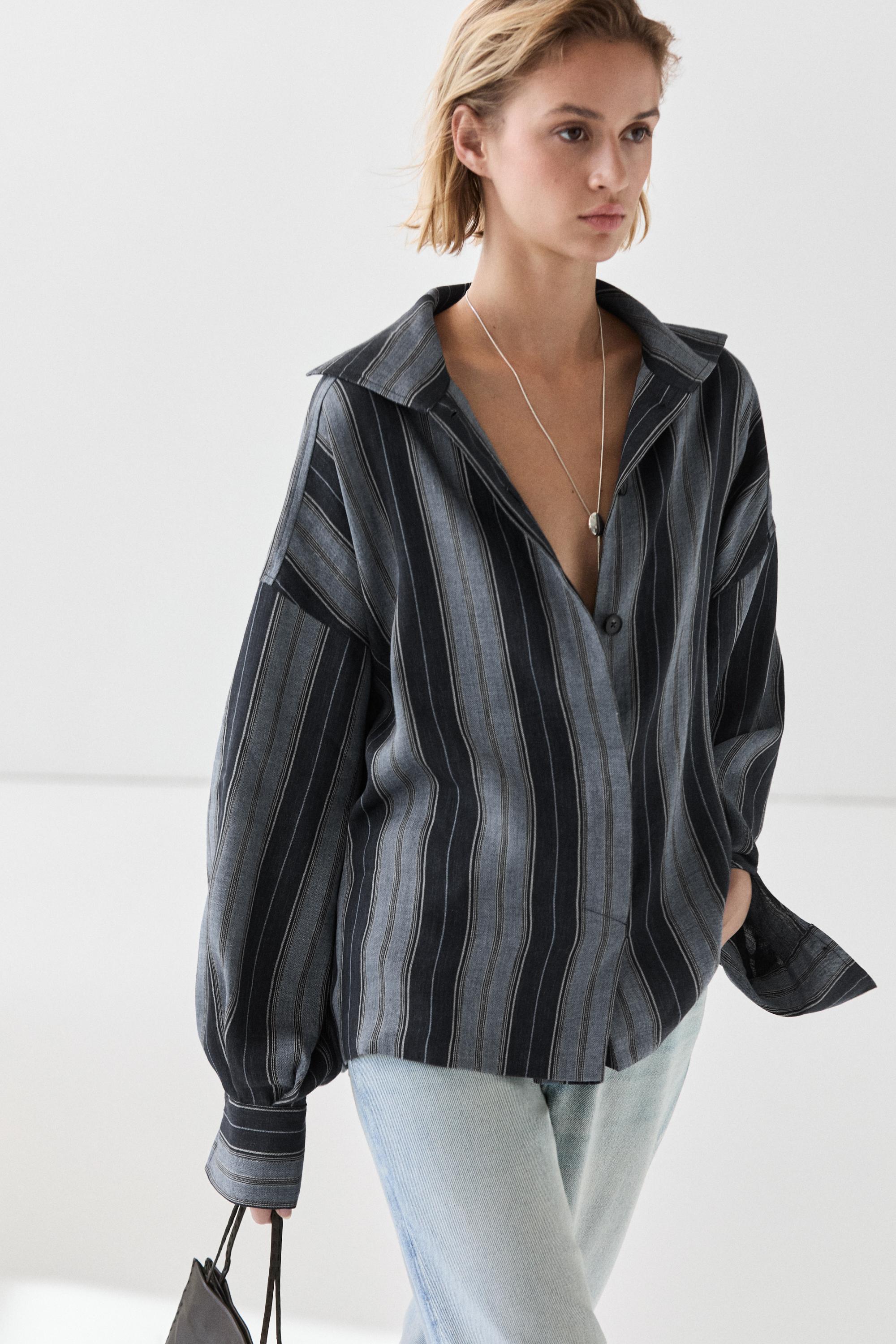 Striped flowing cotton linen shirt — Blue