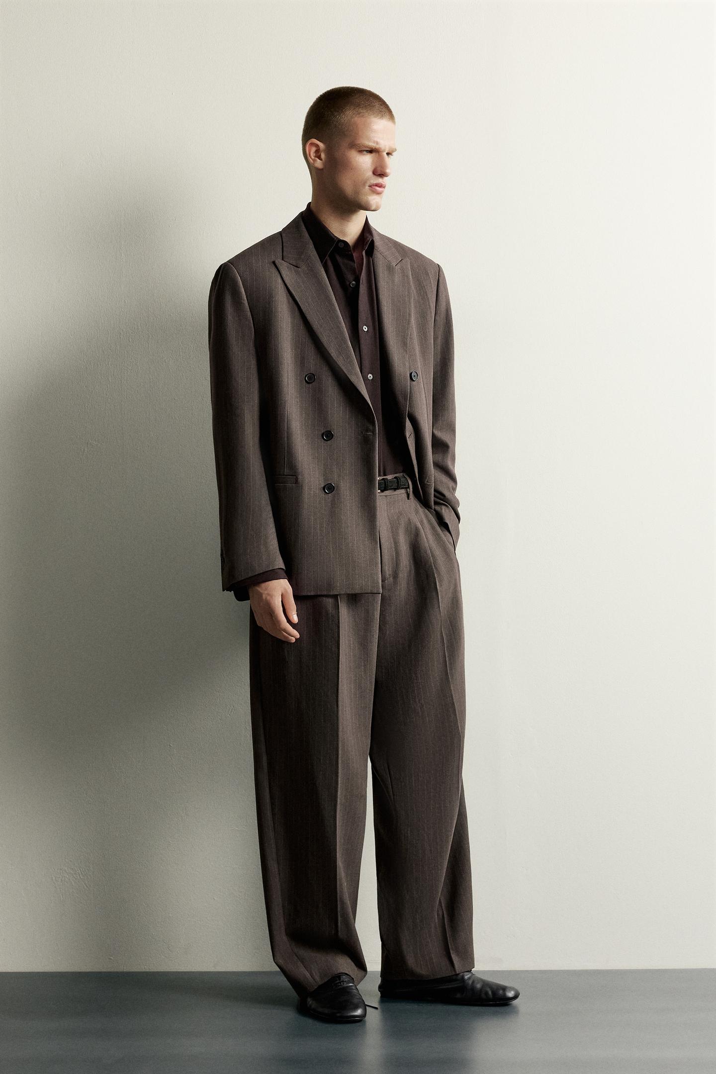 Мужской пиджак Zara Pinstripe Double-Breasted Suit Blazer, цвет: Коричневый — фото 4