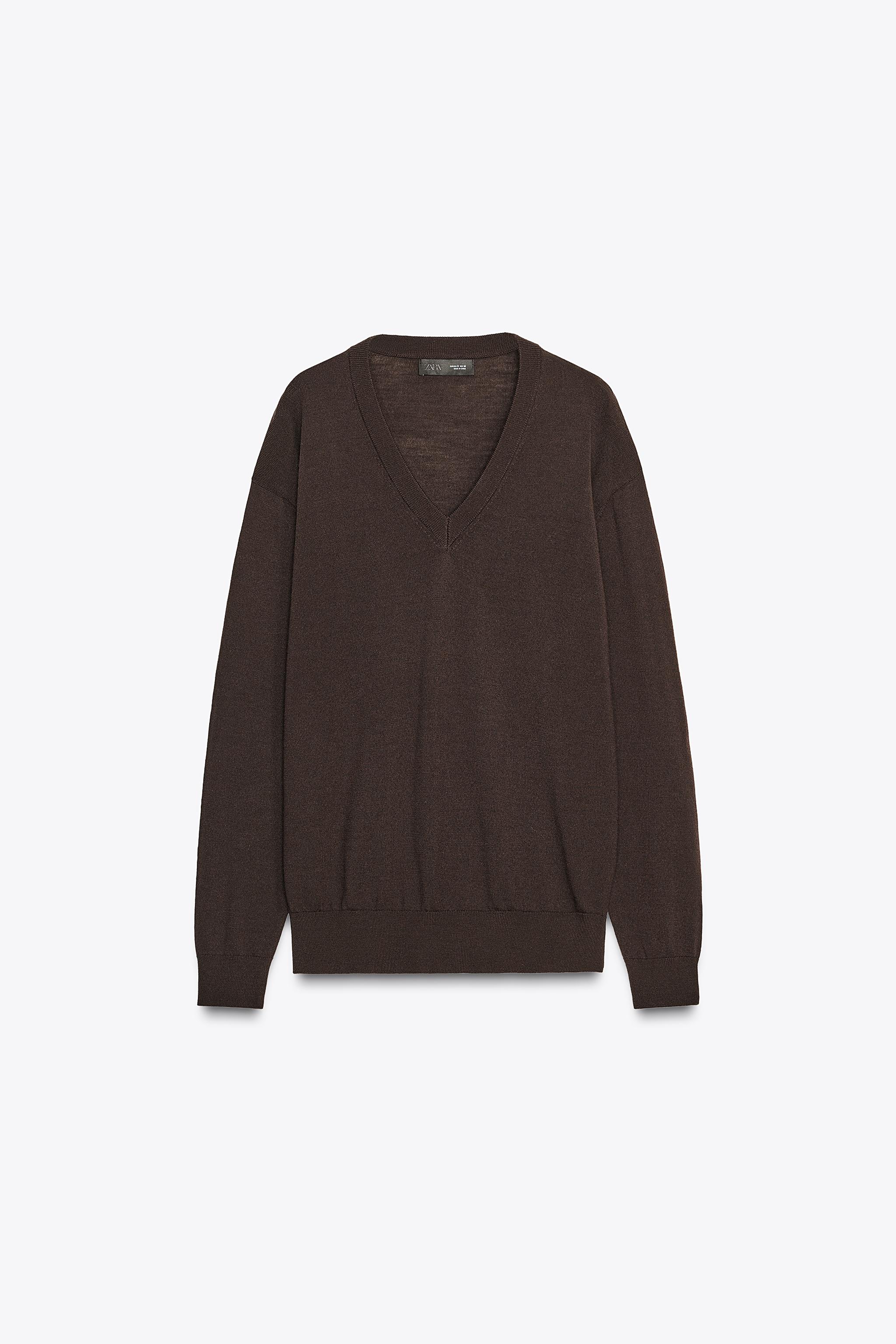 ウール100%Vネックニットセーター - ダークブラウン | ZARA