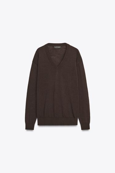 Zara 100% WOOL KNIT V-NECK SWEATER - Dark brown