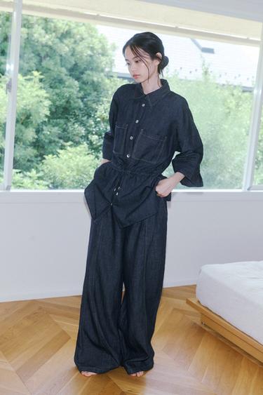 リネン地ワイドレッグパンツインディゴブルーZaraのリネン地ワイドレッグパンツ - インディゴブルー 