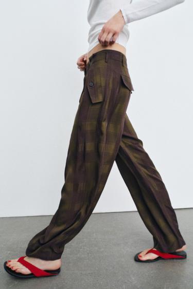 ZW COLLECTION FLOWING CHECK TROUSERS - Dark khaki by Zara - Image 2
