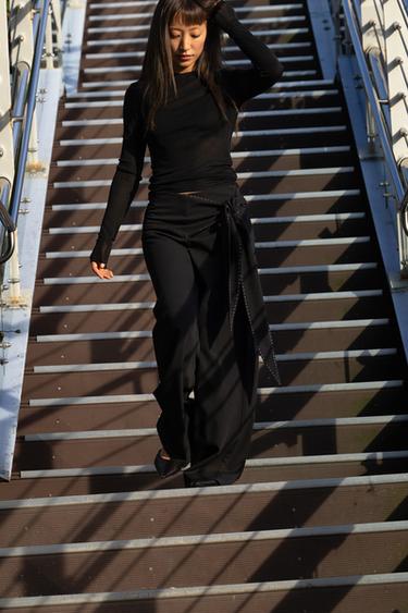 TROUSERS WITH TIE AND TOPSTITCHING - Black by Zara