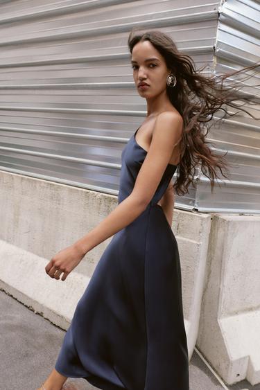 ASYMMETRIC SATIN MIDI DRESS - Navy blue by Zara