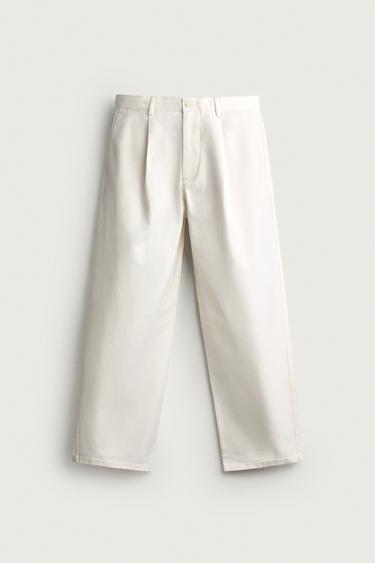 Zara 直筒版褶飾長褲 - 磨白色