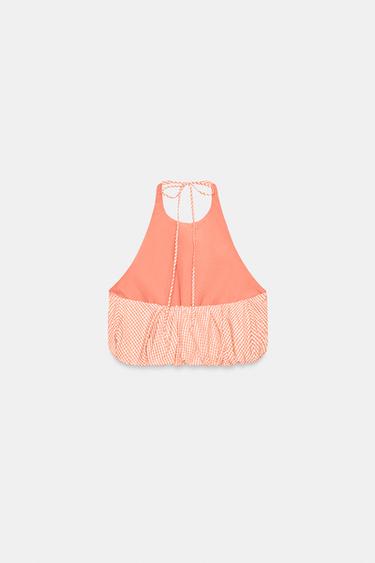 TOP HALTER BALLON À CARREAUX VICHY - blanc-orange de Zara - Image 3