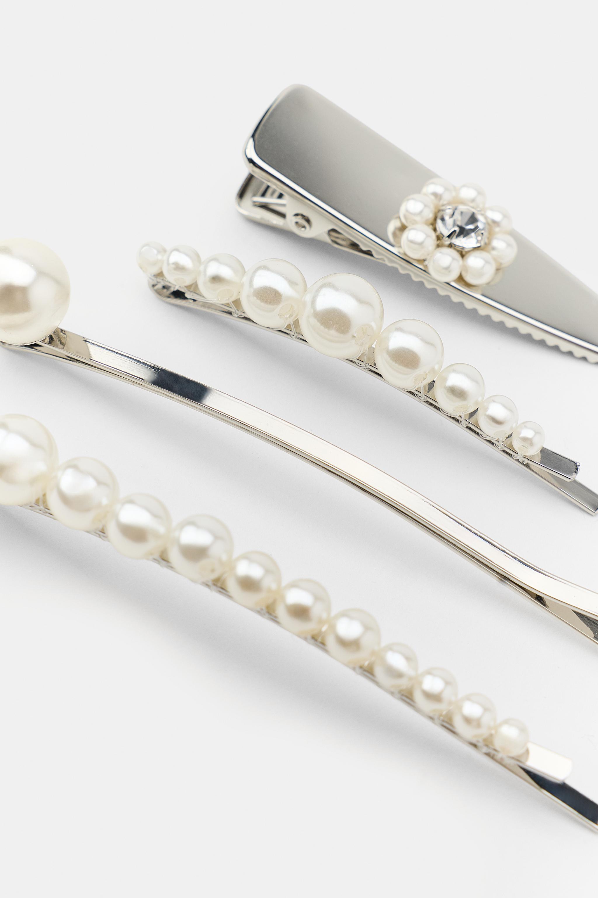 PACK OF 4 METAL PEARL AND JEWEL HAIR CLIPS