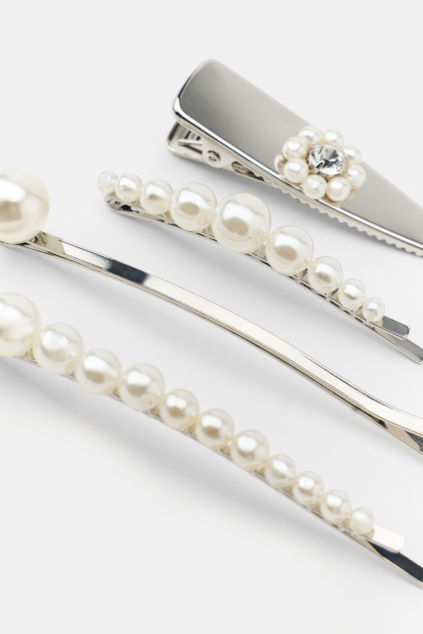 Женские аксессуары для волос Zara Pack OF 4 Metal Pearl and Jewel Hair Clips — фото 4