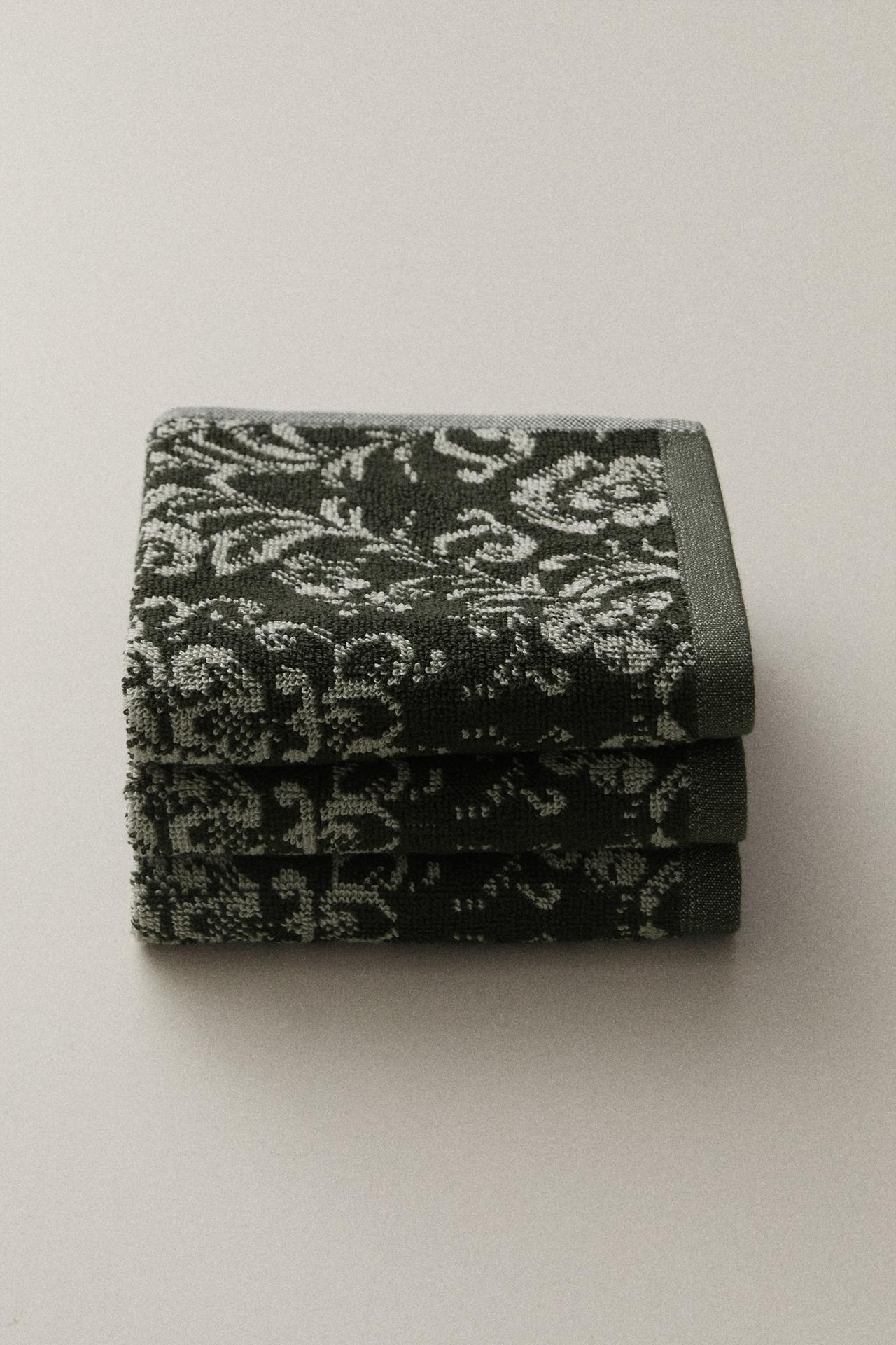 FLORAL JACQUARD TERRY BATH TOWEL SET (SET OF 3) — Dark green