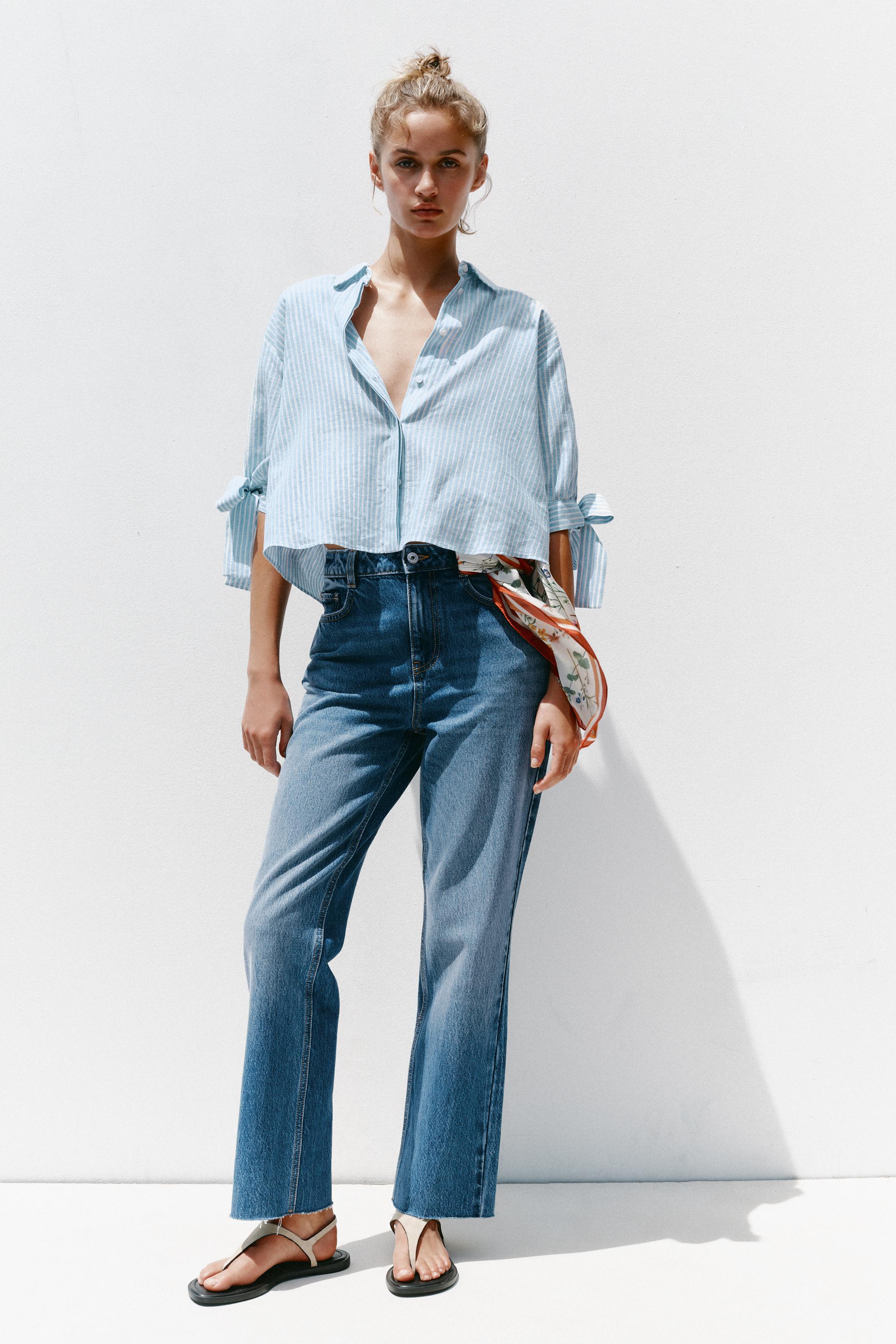 CAMISA RAYAS LAZOS CON LINO Azul Blanco ZARA España