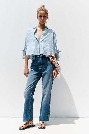STRIPED LINEN BLEND SHIRT WITH BOWS - Blue/White by Zara