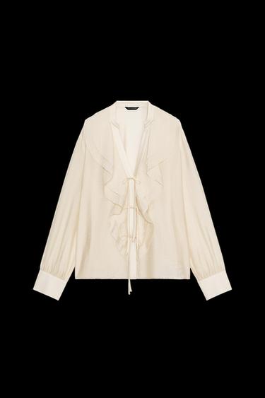 RUFFLED BLOUSE WITH TIES - Beige by Zara