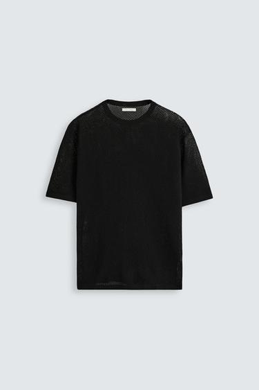 Zara TEXTURED KNIT T-SHIRT - Black
