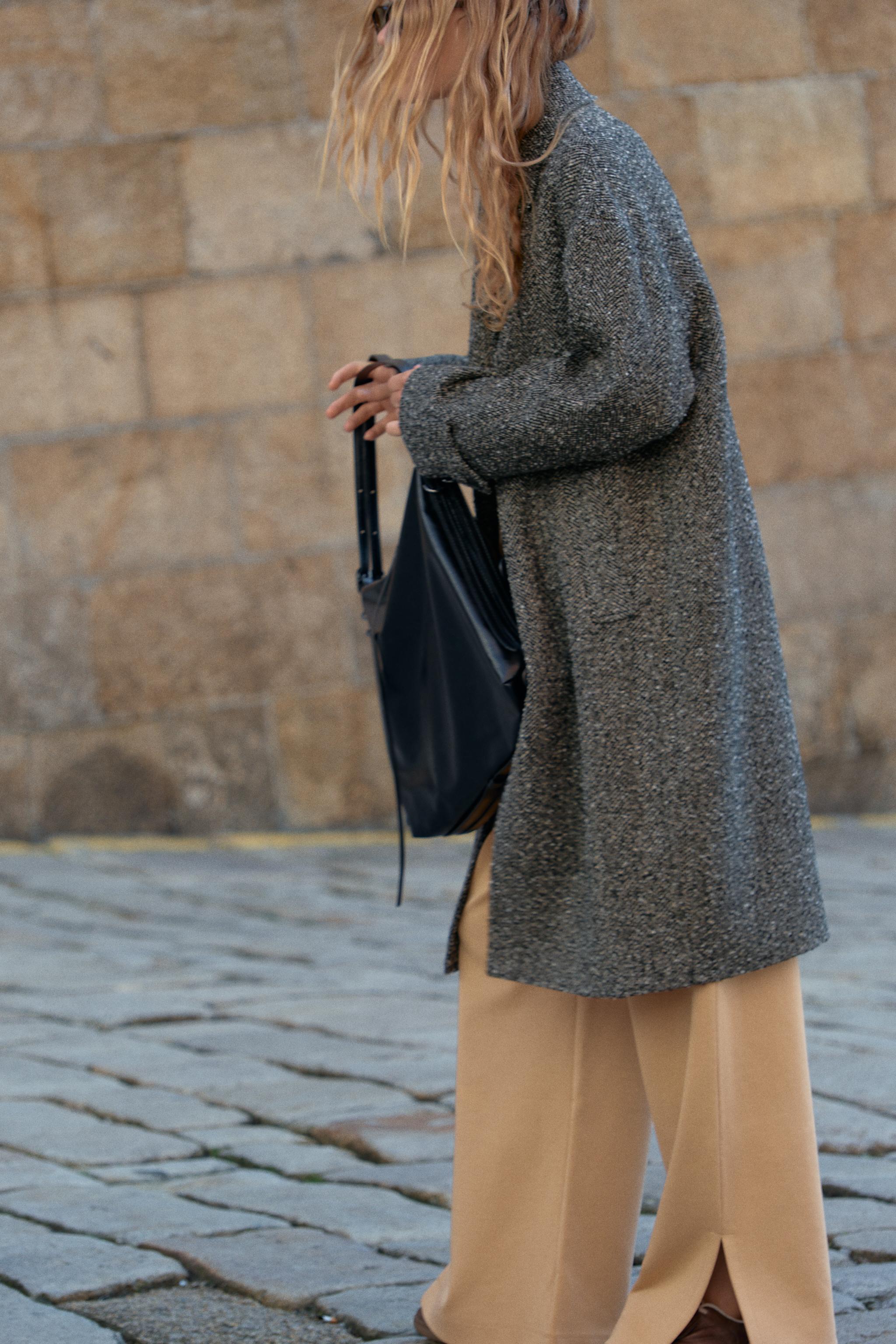 HERRINGBONE DROPPED SHOULDER COAT - Black / Ecru | ZARA
